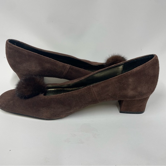 J. RENEE Brown Suede Leather Heel Pumps with Mink Fur Puff Ball Sz. 8 M - Picture 5 of 8